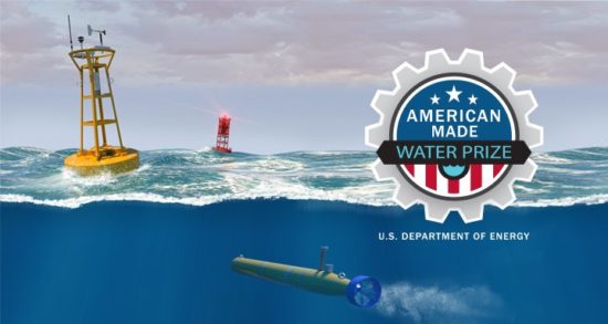 American Made Water Prize image from the U.S. Department of Energy showing an ocean buoy, an underwater autonomous vehicle & the American Made logo.